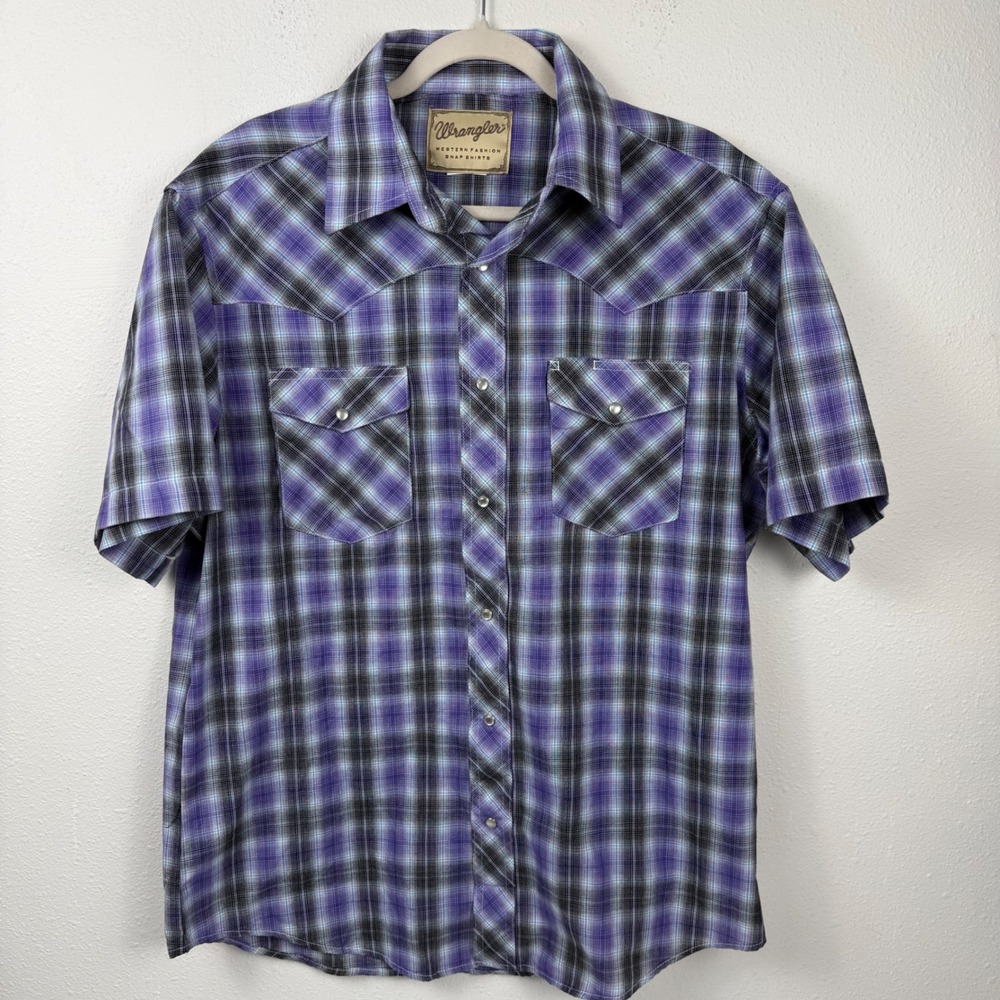Wrangler Mens Western Fashion Snap Shirt Purple Plaid Short Sleeve Pearl Snap XL